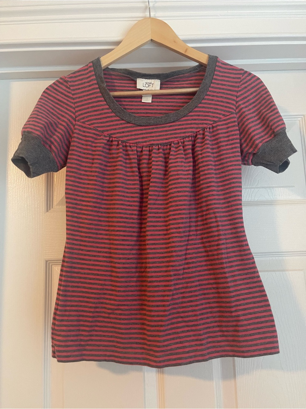 Ann Taylor Pink and Gray Striped Short Sleeve Tee